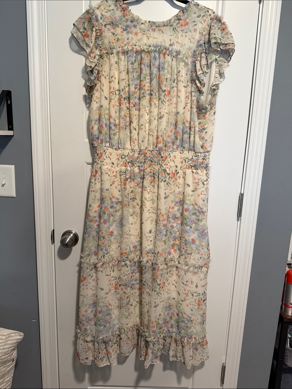 Women’s Cream Floral Ruffle Midi Dress